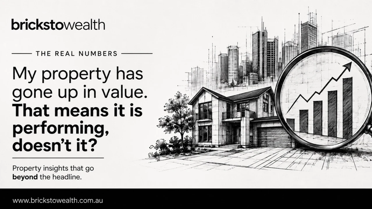 Article cover graphic questioning whether property price increases equal real portfolio performance.