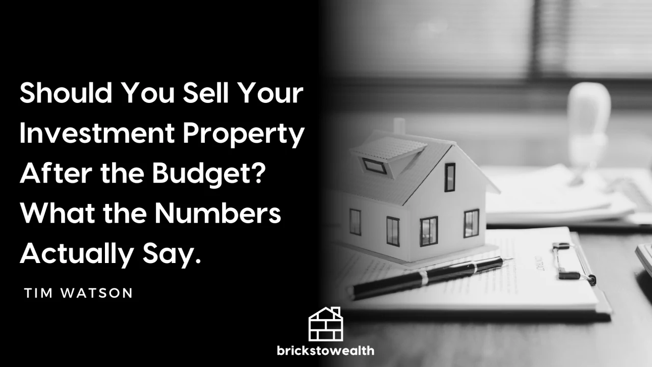 Article title card analyzing whether to hold or sell investment property following federal budget changes.