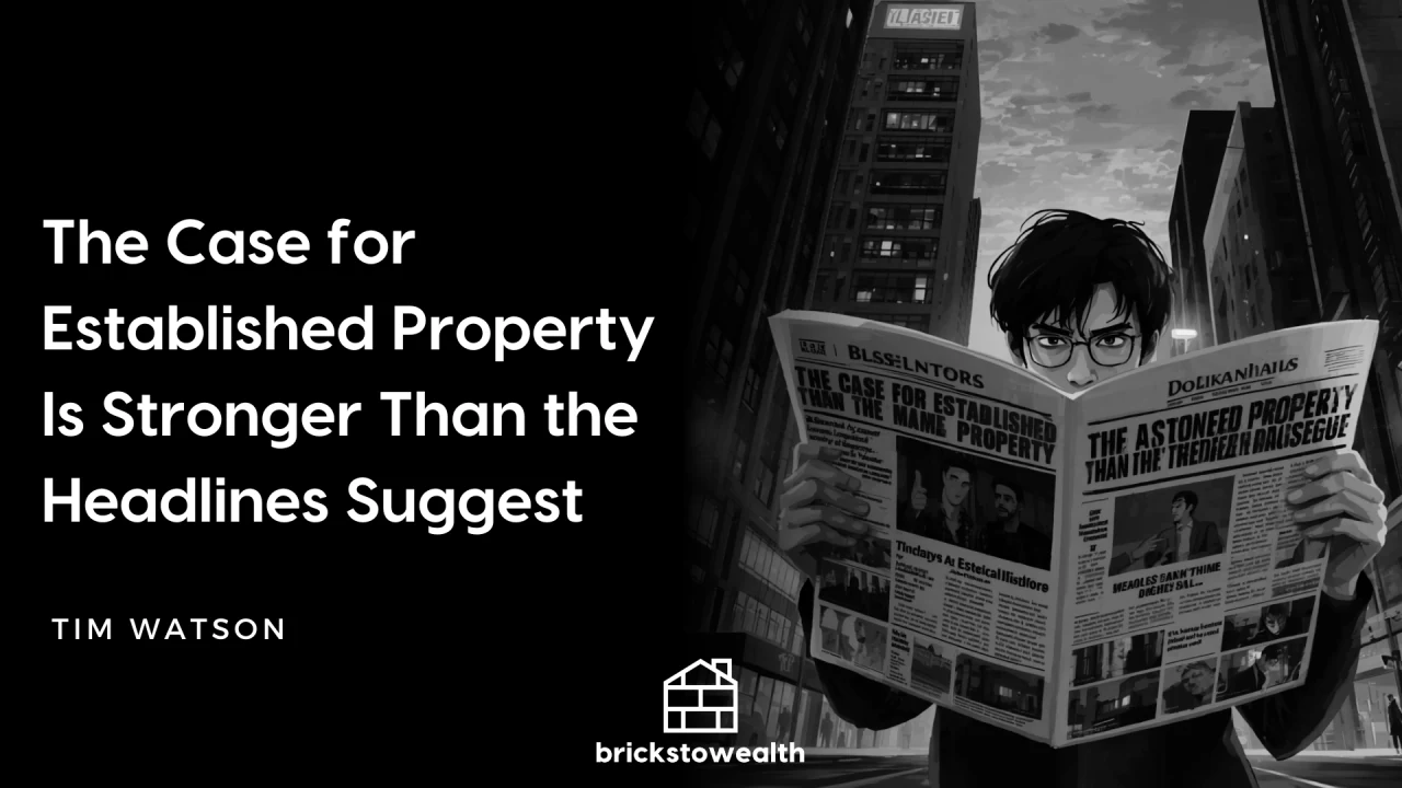Article cover graphic on the enduring capital growth case for established property versus new builds.